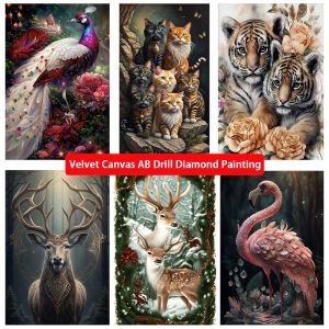 Stitch 5d DIY Velvet Canvas AB Diamond Målning Animal Deer Tiger Flamingo Peacock Diamond Mosaic Rhinestones Art Crafts Home Decor