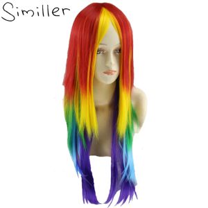 Perücken Similler Lange Cosplay-Regenbogen-Synthetik-Perücken, kappenlos, mehrfarbig, hitzebeständig, glattes Haar für Party, Hitzebeständigkeit, 66 cm