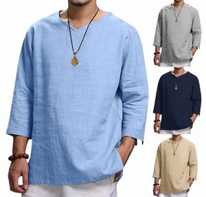 Camicie a maniche Lg da uomo in lino caldo di vendita cott Estate tinta unita colletto alla coreana Casual stile spiaggia Plus Size Lino Uomo Top V33m #