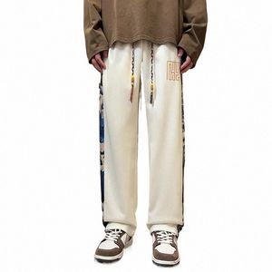 Estilo chinês Calças Casuais Homens Urso Bordado Primavera e Outono Solto Cintura Alta Ampla Perna Reta Sweatpants Masculino Streetwear x9le #