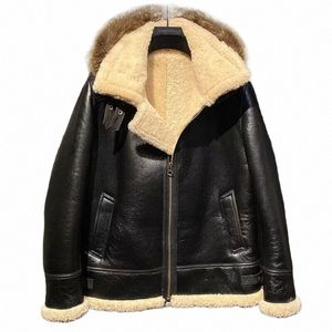 2024 Winter Men's Genuine Leather Coat Natural Sheepskin Shearling Male Motorcyclist Pilot Jacket Racco Fur Hooded EUR62 64 66 78Gm#