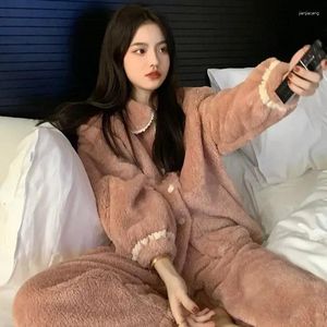 Kadın pijama /setler sıcak set mercan takım elbise uzun kawaii kol kadife kış Kore parçaları 2 pazen ısıtma ev pijamaları