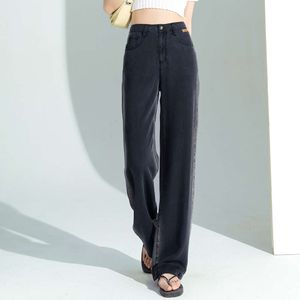 2024 Summer Thin Tencel Black Wide Legged Jeans For Women Gradient Design Hög midja Löst Slim Floor Slim Pants