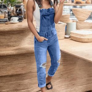 Women's Jeans Denim Bib Overalls Ripped Washed Casual Jumpsuits With Pocket Rompers Workwear Trousers