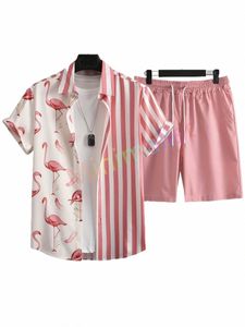 men's Hawaiian Flamingo Strip Printed Set Casual Streetwear Butt Short Sleeve Shirt&Beach Shorts Set Men 2023 Summer Two-piece y0Ym#