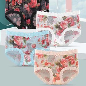 Women's Panties Retro Comfortable Ice Silk Printing Floral Cotton Crotch Mesh Lace Briefs Korean Underwear Embroidered Flower Women