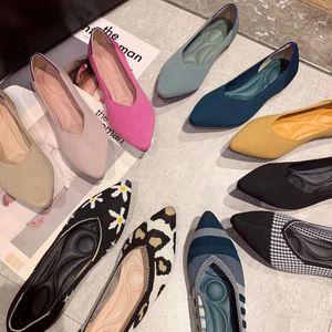 Casual Shoes Woman Knit Pointed Women's Flat Mixed Color Soft Ballet Bekväma Lady Loafers Femmes Chaussures