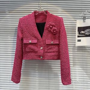 Women's Jackets 2024 Spring Chic Coat Classic Style Rose Red Tweed Coats Brooch Flower Decoration Elegant Short Daily Commuting