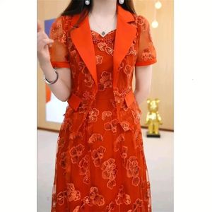 Lace Dress High end Luxury Lady Two Piece Sets Silk Suit Jacket And 2023 Summer Waist Slim Long Aline 240323