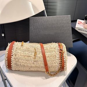 Halmvävd hinkväska designer axelväskor hobo cross body handväska perforerat sidoläder brev tryck blixtlås öppen högkvalitativ kvinnor koppling handväskor