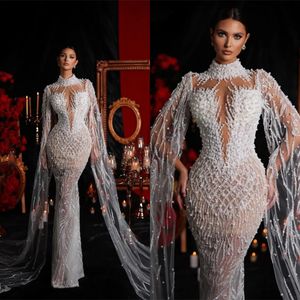 Vintage High Neck Mermaid Brautkleider Perlen Pailletten Brautkleider Cape Sleeves Slim Illusion Maßgeschneiderte Vestidos De Novia