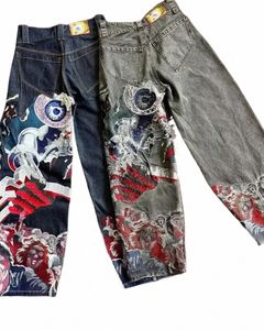 Y2K Jeanse Streetwear HARAJUU HIP HOP RETRO Graphic Baggy Dżinsy Dżinsy spodnie Męs