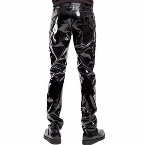 Masculino preto couro patente motociclista calças brilhantes meados de cintura calças retas calça de couro homens molhado olhar rave festa clubwear u6yR #