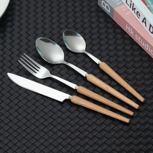Dinnerware Sets 10sets 4pcs/set Kitchen Tableware Stainless Steel Dinner Silver Knife Fork Spoon With Wood Handle Cutlery Set