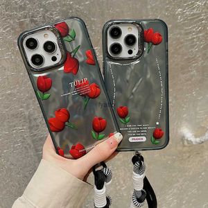 Casos de telefone celular Coreia Bonito Dobrado Dupla Camada Colorida Capa de Tulipa de Prata para iPhone 15 Pro Max 14 13 12 Capa macia à prova de choque com alça de mão H240326