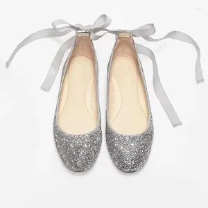 Casual Shoes Silver Glitter Ballet Flats Women Round Toe Riband Cross-bundna Bow Ballerina Crystal Wedding Bridesmaid Storlek 43