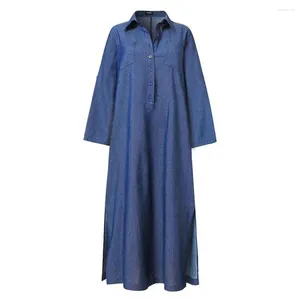 Casual klänningar kvinnor denim blå sundress klänning för våren sommarlapa del långa långa damer jeans vestidos kvinna