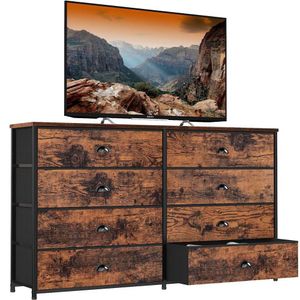 Furnulem Long TV Stand 55 '' TV, szeroka szuflada do przechowywania z 8 pojemnikami tkanin, podwójna komoda do sypialni, biuro, akademika, szafa, wejście, drewniane top