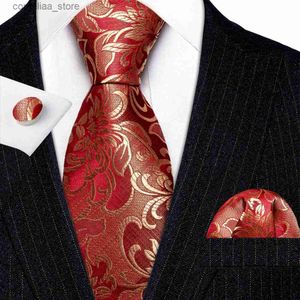 Neck Ties Neck Ties Luxury Ties for Men Red Gold Floral Silk Neck Tie Pocket Square Cufflinks Set Wedding Gift BarryWang Clip Brooches 5987 Y240325