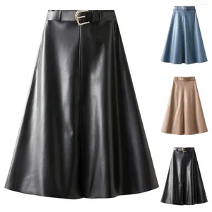 Spódnice moda Wysokiej jakości sztuczna skóra PU długa damska koreańska talia A-line plis-liniowa maxi spódnica biurowa streetwear