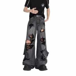 Männer Jeans Wide Leg Denim Hosen Fi Lose Zerrissene Jeans Gerade Streetwear Casual Hosen Hip Hop Hosen Männliche I3Yh #