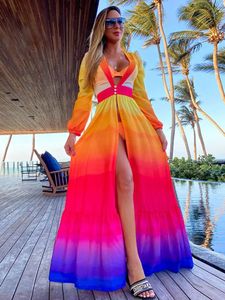 Seksi Derin V Boyun Uzun Kollu Neon Shades Chiffon Rahat Tunik Plaj Elbisesi 2023 Plaj Giysesi Kadın Mayo Bikini Örtü D14 240320