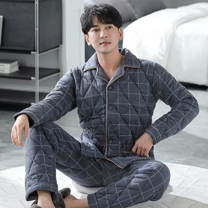 Mäns sömnkläder rutiga pyjamas vinter treskikt förtjockad bomull full tjock hemslitage