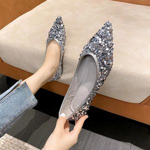 Casual Shoes Elegant Ladies Glitter Silver Flats Pointed Toe Shiny Wedding Woman 41-43 Big Size Bling Ballet Women Loafers