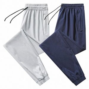 Calças masculinas coreanas finas clássicas calças de verão cintura elástica fi respirável estiramento leve com buraco calças masculinas 8xl 35z3 #