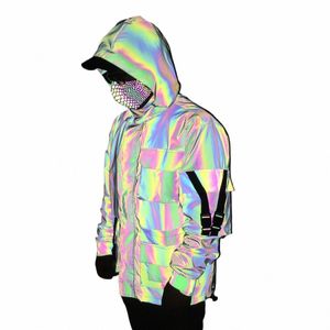 2023 Techwear Hip Hop Bunte Reflektierende Jacke Herren Ribbs Patchwork Reflektieren Licht In Darkn Kapuzenmantel Bomberjacke 72Zx #