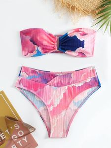 Women's Swimwear Sexy Bandeau Bikini 2024 Women Pink Tie Dye Gradient U Neck Push Up High Waist Swimsuit Vintage Bathing Suit Two Piece