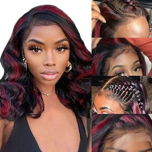 and Black 13x4 HD Rose Red Wig Pre Plucked 180% Density 14inch Bury Highlight Body Wave Lace Front Wigs Human Hair