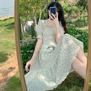 Party Dresses 2024 Summer Floral Design Sweet Dress Korean Square Collar Dot For Female One-Piece Short Sleeve Chiffon Elegant