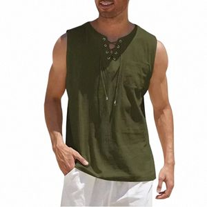 Męska letnia lniana zbiornik T-shirt z rękawem z rękawem luźna klejnotna koszula męska kamizelka zwykła kamizelka plażowa zużycie z6ur#
