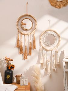 Mirrors Wall Mirror Macrame Wooden Beads Decorative Mirrors Boho Home Decoration Room Decors Aesthetic Wall Art For Living Room Bedroom