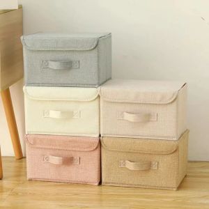 Bins Foldable Cotton Linen Fabric Storage Box Large Capacity Clothes Storage Basket Toys Organizer with Lid for Home Bedroom Closet