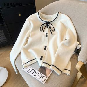 Women's Knits Casual Vintage Lace-up Knitting Long Sleeve Pullovers 2024 Spring Fashion Round Neck Ladies Single Breasted Sweater Top