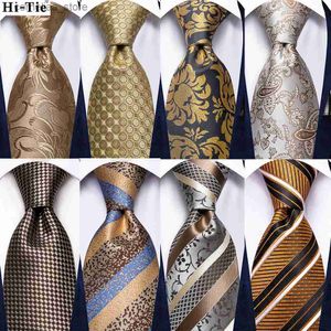 روابط الرقبة علاقات الرقبة HI TIE Champagne Gold Bar Paisley Solid Color Mens Silk Wedding Tie Design Design Necklace Mens Hanky ​​Cufflinks Party Y240325