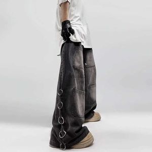 Jeans masculinos estilo americano bolso oversized retro jeans para homens y2k hip-hop punk perna larga em linha reta preto denim calças l2403