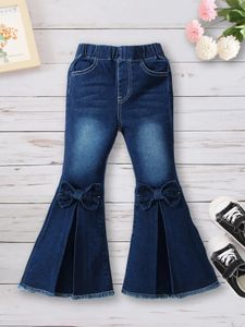 Girls Solid Flared Denim Pants With Bow Tie Regular Fit Casual Jeans For Cute And Smart Look Autumn Winter Spring 240318