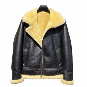 new Winter 2024 Men Genuine Sheepskin Shearling Leather Coat Pilot Jacket B3 100% Wool Liner Real Racco Hooded Black XXXXXXXL e6Qj#