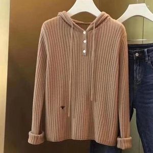 Felpe con cappuccio da donna stile occidentale maglione di cashmere con cappuccio donna primavera e autunno felpa con cappuccio in pura lana pullover ricamato top sciolto lavorato a maglia casual