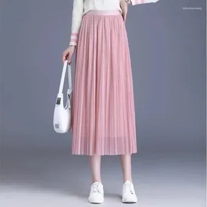 Saias femininas plissadas longas casuais elásticas cintura alta ol escritório senhoras trabalho midi feminino verão sólido coreia moda ns5768
