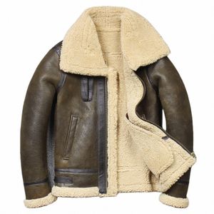 2024 Men Winter Aviator Real Leather Jacket Sheepskin Shearling äkta läder Rockjackor Högkvalitativ B3 Bomber Male Coats 75VM#