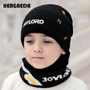 Crianças inverno ao ar livre chapéu conjunto com pescoço mais quente cachecol grosso velo forrado crânios gorros lã macia malha bonnet criança menino 240309