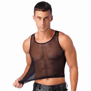 mens See-Through Mesh Tank Top Solid Color U Neck Sleevel T-shirt Pool Party Vest Crop Tops Lingerie Party Nightwear Clubwear A2ri#