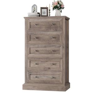 FacBotall Drawer Dresser, hög med 5 lådor, byrå Skåp trä dresser för hallen vardagsrum, tvätt grå