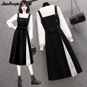 Womens Spring Autumn White Sweater Overall Dress Two Piece Set Lady Casual Simple Joker Knit Tops Lace Split Tank Outfits 240323