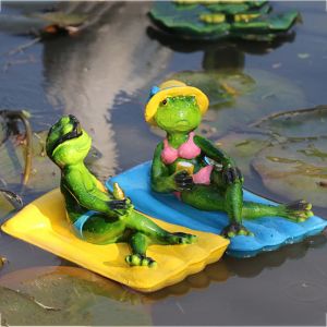 Sculptures NEW Floating Kayak leisurely Frog Statue Resin Sculpture Outdoor Garden Pond Decorative Home Fish Tank Garden Ornament Decor