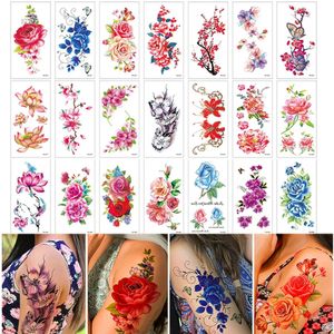 28 parça çok çiçek kelebek su geçirmez geçici dövme çıkartmaları kadınlar güzel suluboya lotus gül gövdesi kol sanat lady tatoo 240311